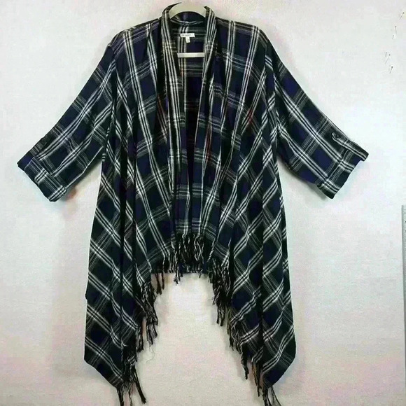En Crème Flannel Cardigan Women’s Large Asymmetrical with Fringe - Picture 1 of 9